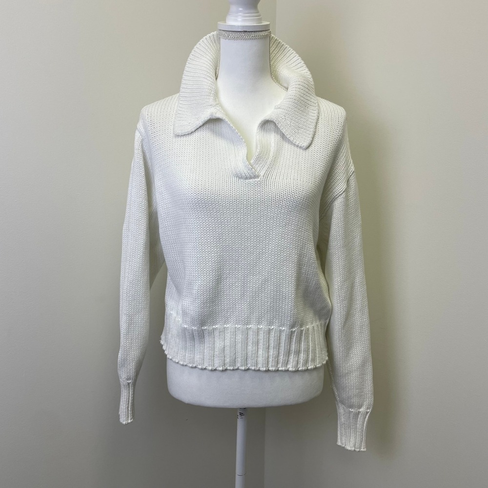Quince Organic Cotton Shaker Stitch Polo Sweater White Small V-Neck Long Sleeve